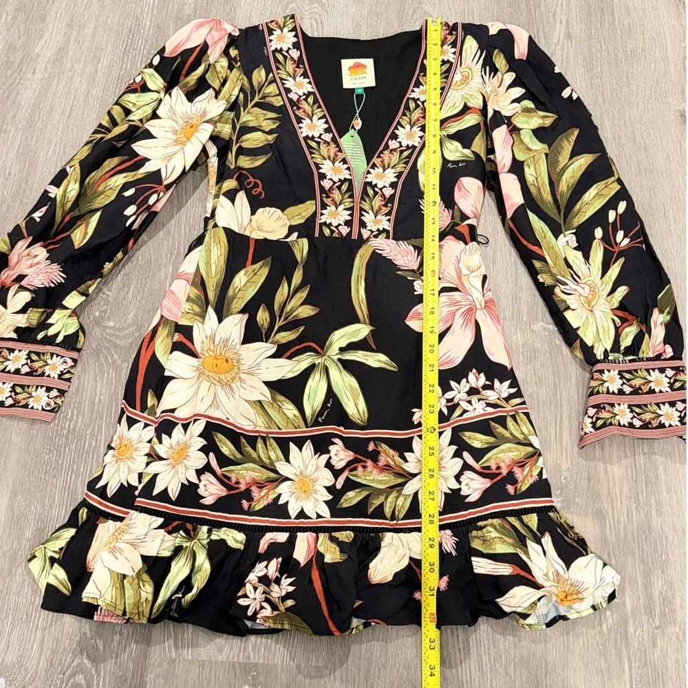 NEW Farm Rio Surreal Flowers Black Long Sleeve Mini Dress Belted Ruffle Hem XS - Picture 7 of 9
